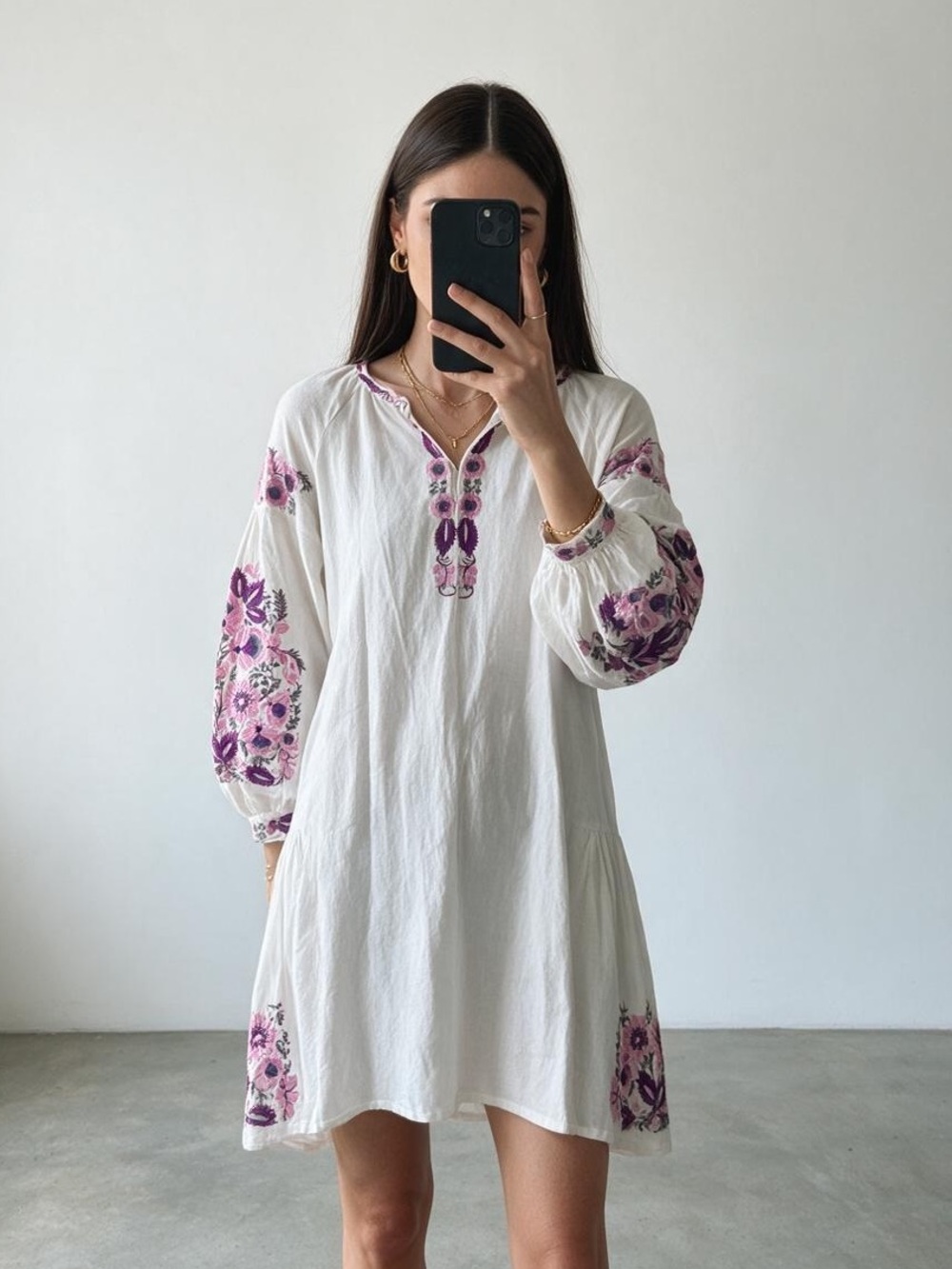 Handmade White Heavy Embroidered Dress Tunic Purple Floral Vyshyvanka